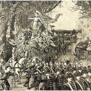 1886 Fourth Of July Parade Wood Engraving Victorian Columbia Children DWKK27B